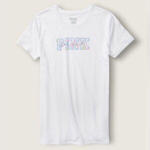 PINK White Logo Tee with Pastel Rainbow Print